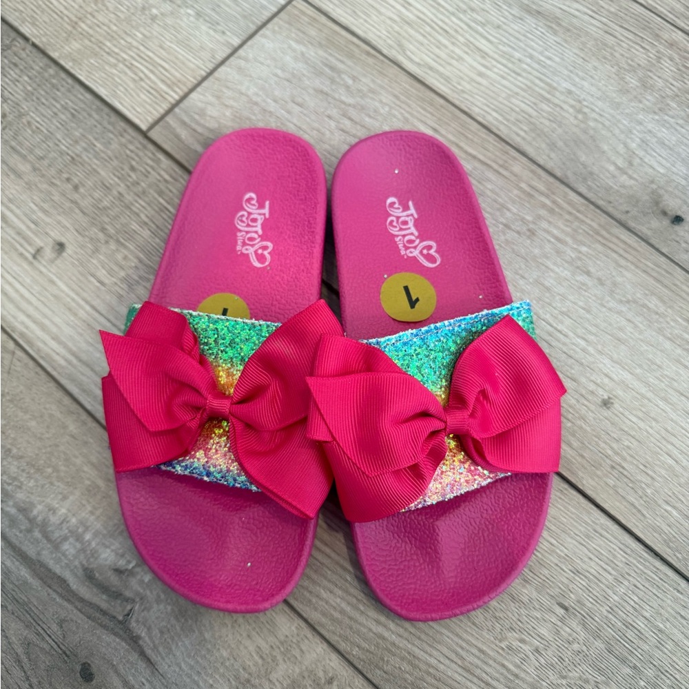 Rainbow Glitter Girl’s Pink Bow Sandals Slides